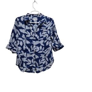 Chico’s Blue Leaf Print Linen Button Front Top Size 2